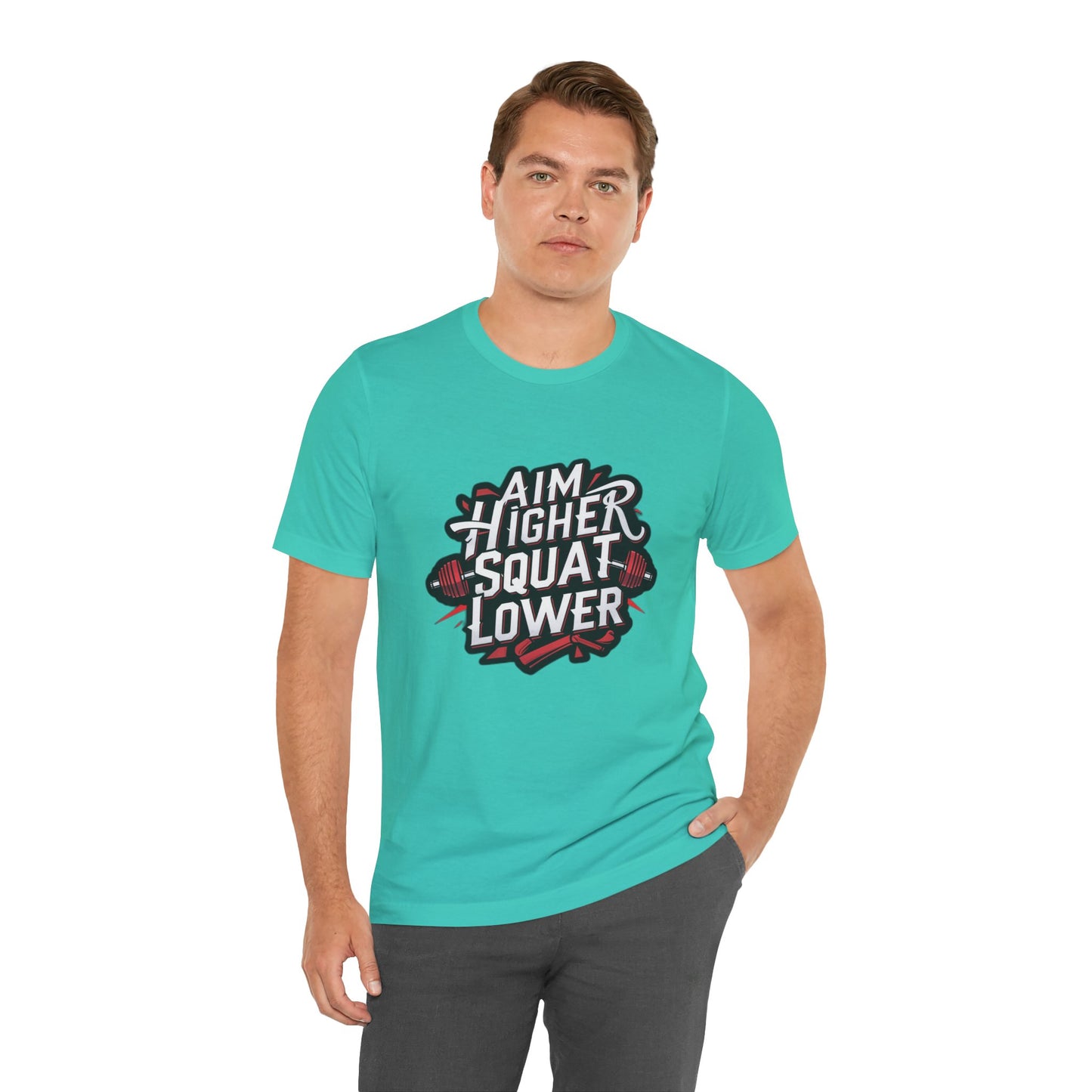 Gym T-shirt: Aim Higher Squat Lower Unisex Jersey Short Sleeve Tee
