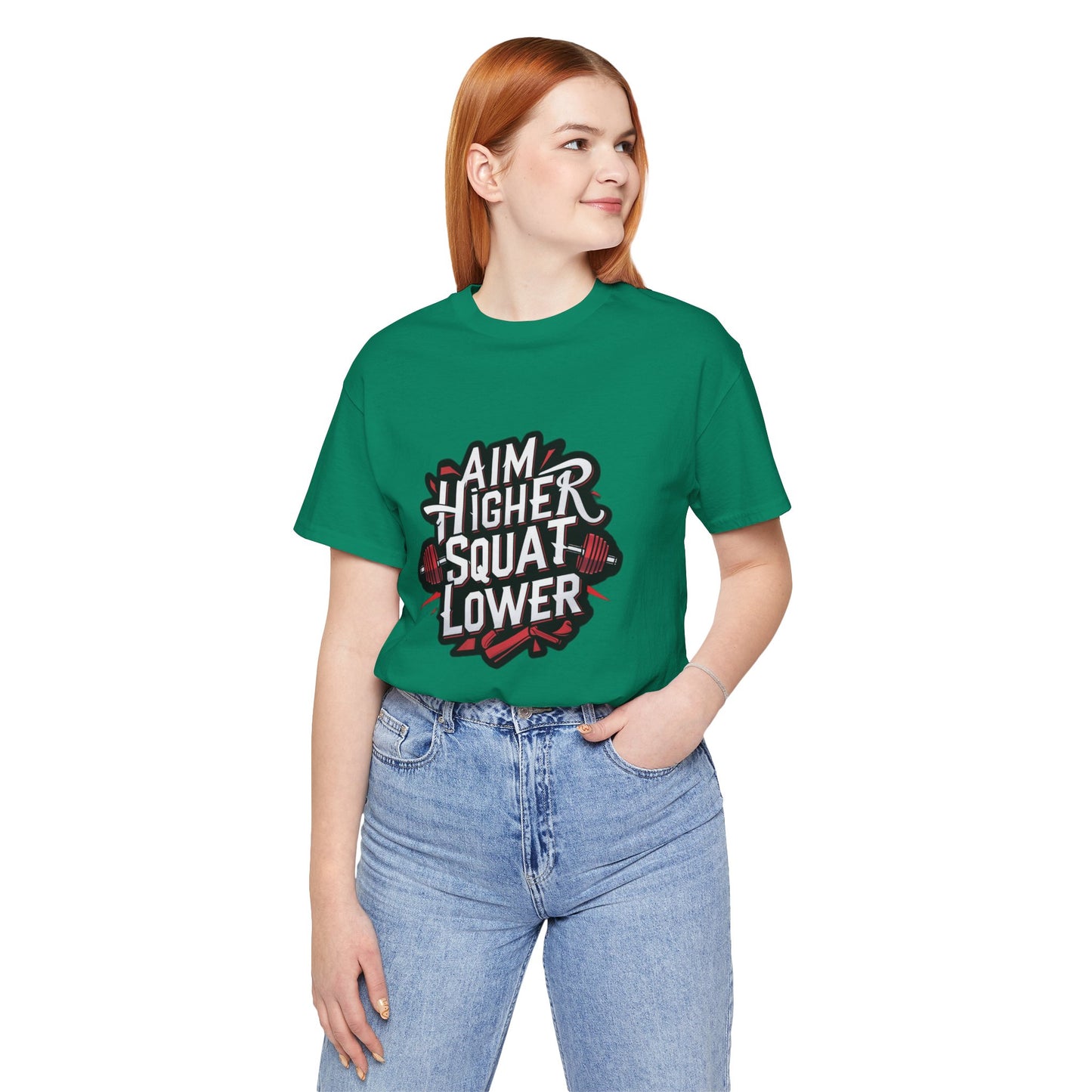 Gym T-shirt: Aim Higher Squat Lower Unisex Jersey Short Sleeve Tee