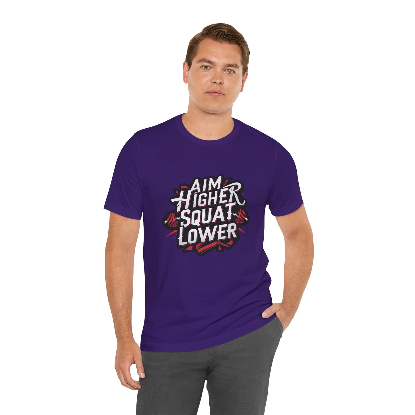 Gym T-shirt: Aim Higher Squat Lower Unisex Jersey Short Sleeve Tee