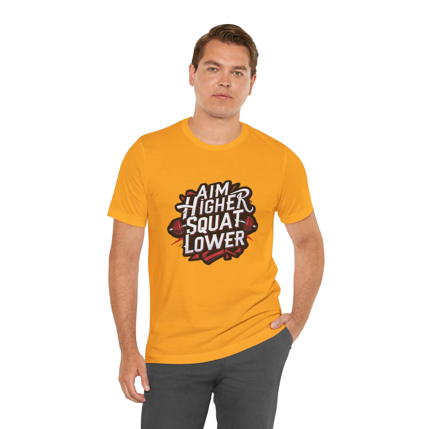 Gym T-shirt: Aim Higher Squat Lower Unisex Jersey Short Sleeve Tee