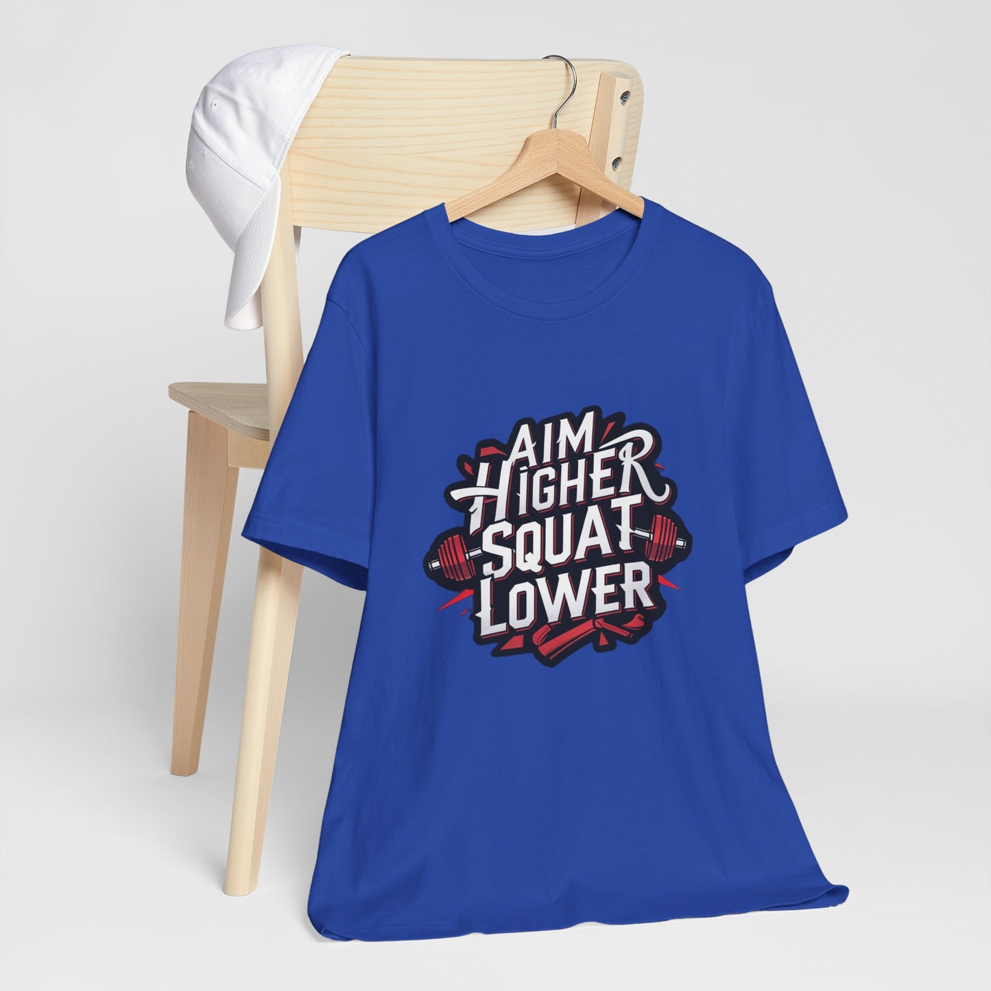 Gym T-shirt: Aim Higher Squat Lower Unisex Jersey Short Sleeve Tee