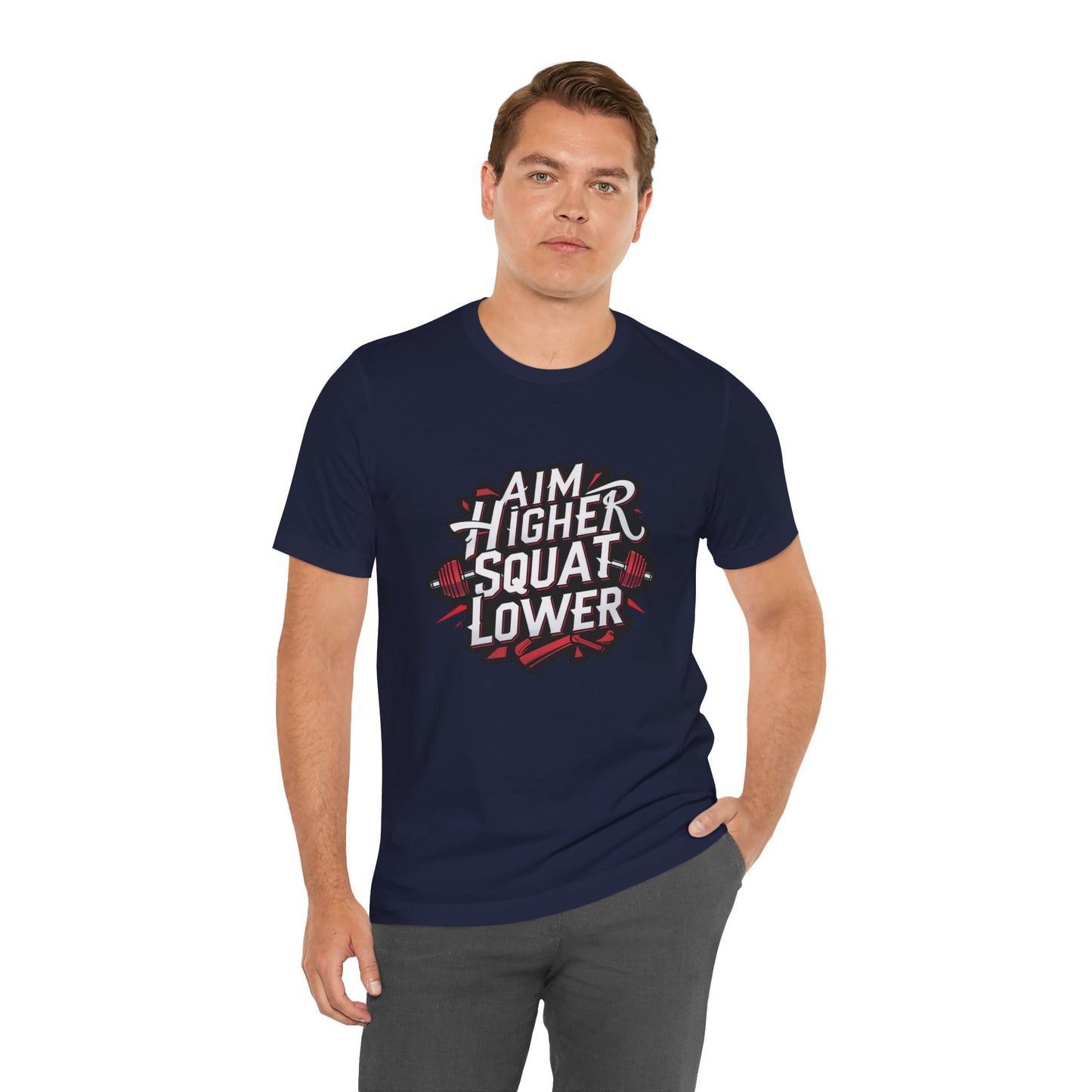 Gym T-shirt: Aim Higher Squat Lower Unisex Jersey Short Sleeve Tee