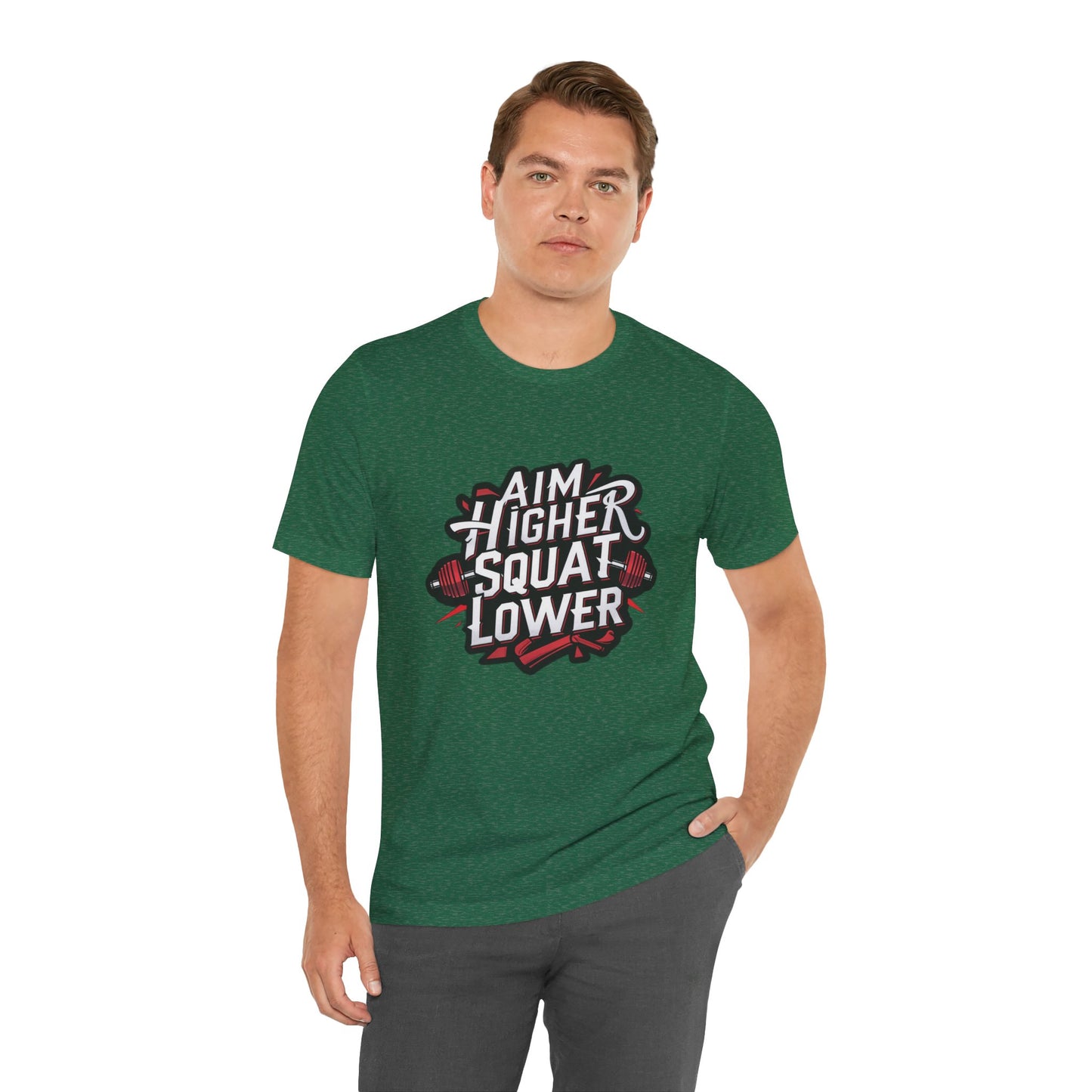 Gym T-shirt: Aim Higher Squat Lower Unisex Jersey Short Sleeve Tee