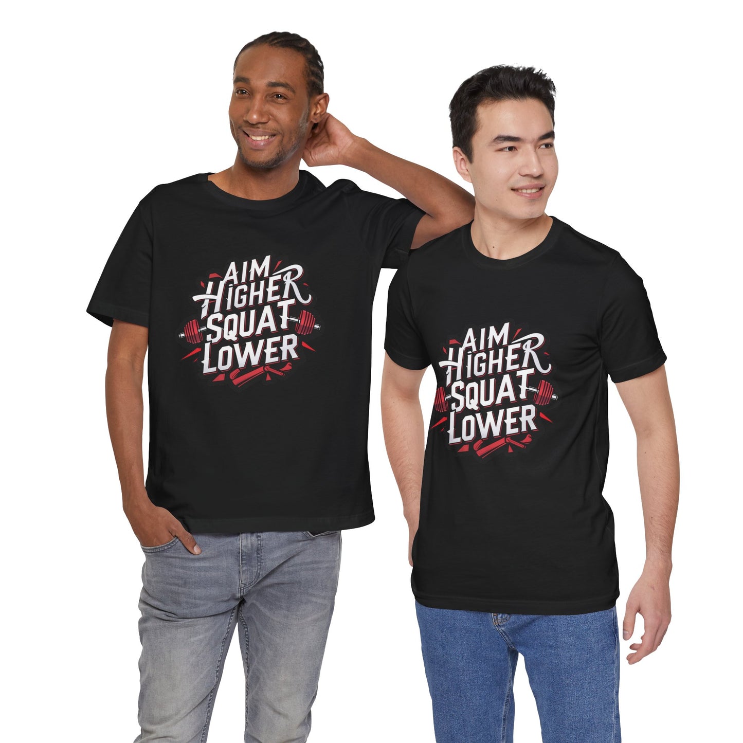 Gym T-shirt: Aim Higher Squat Lower Unisex Jersey Short Sleeve Tee
