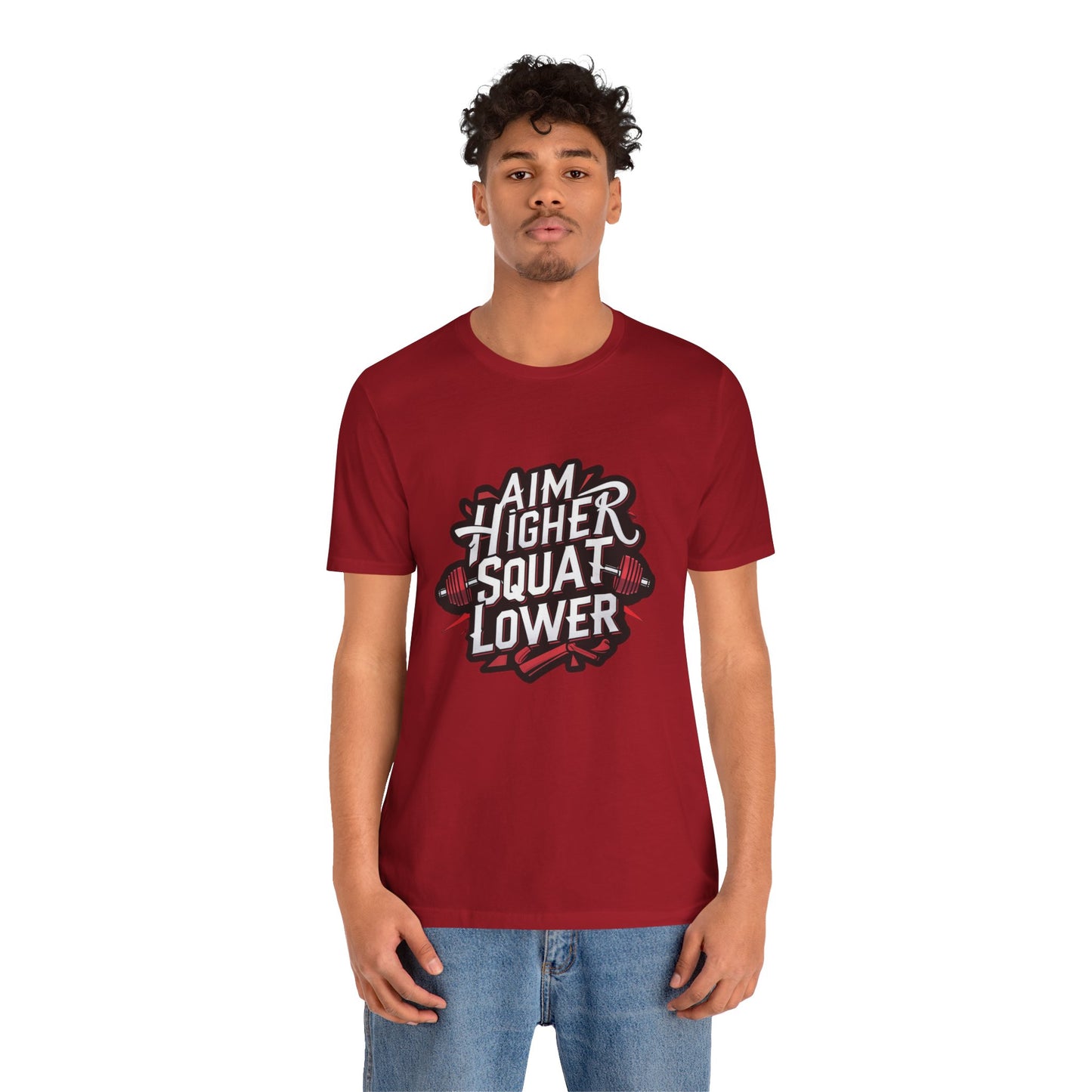 Gym T-shirt: Aim Higher Squat Lower Unisex Jersey Short Sleeve Tee