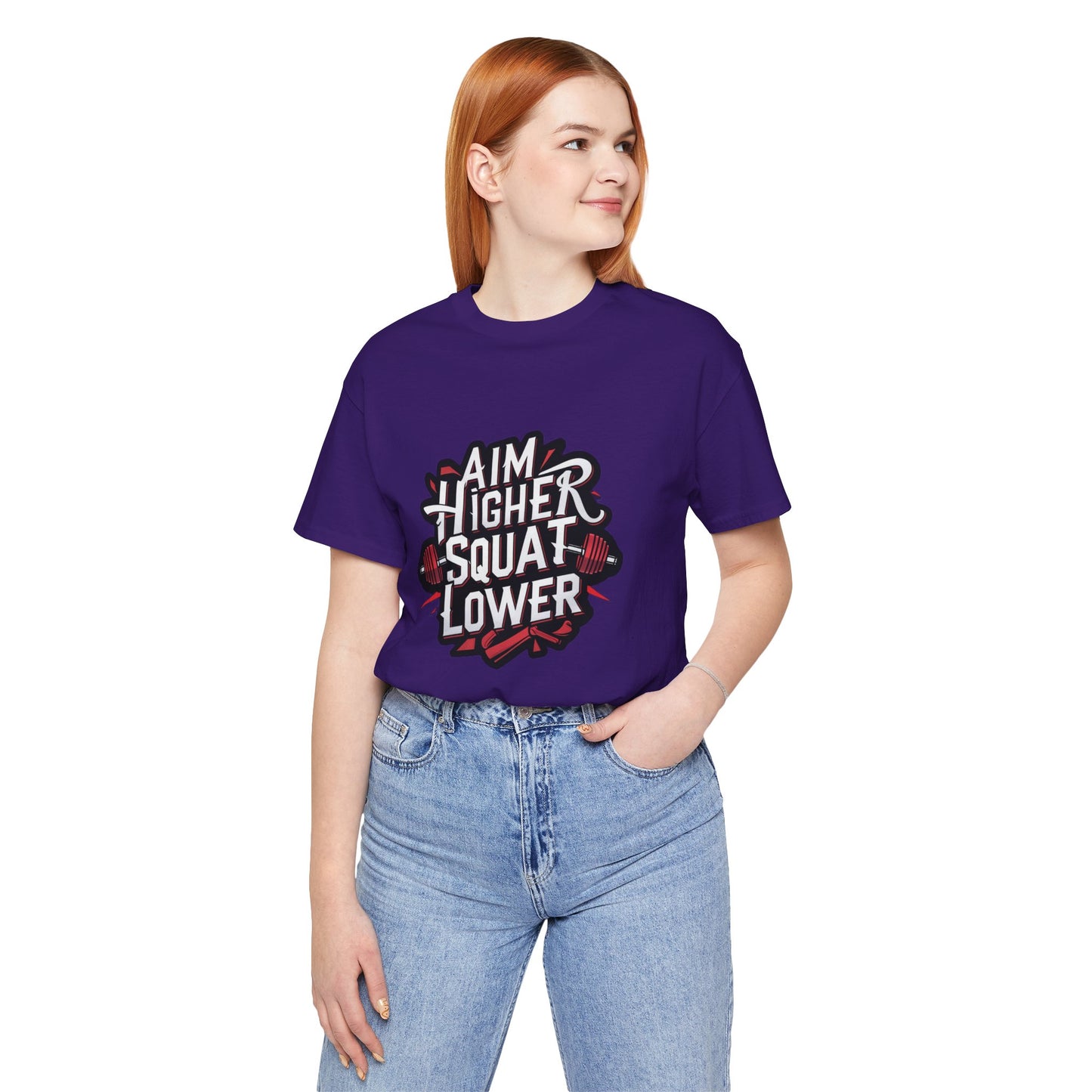 Gym T-shirt: Aim Higher Squat Lower Unisex Jersey Short Sleeve Tee
