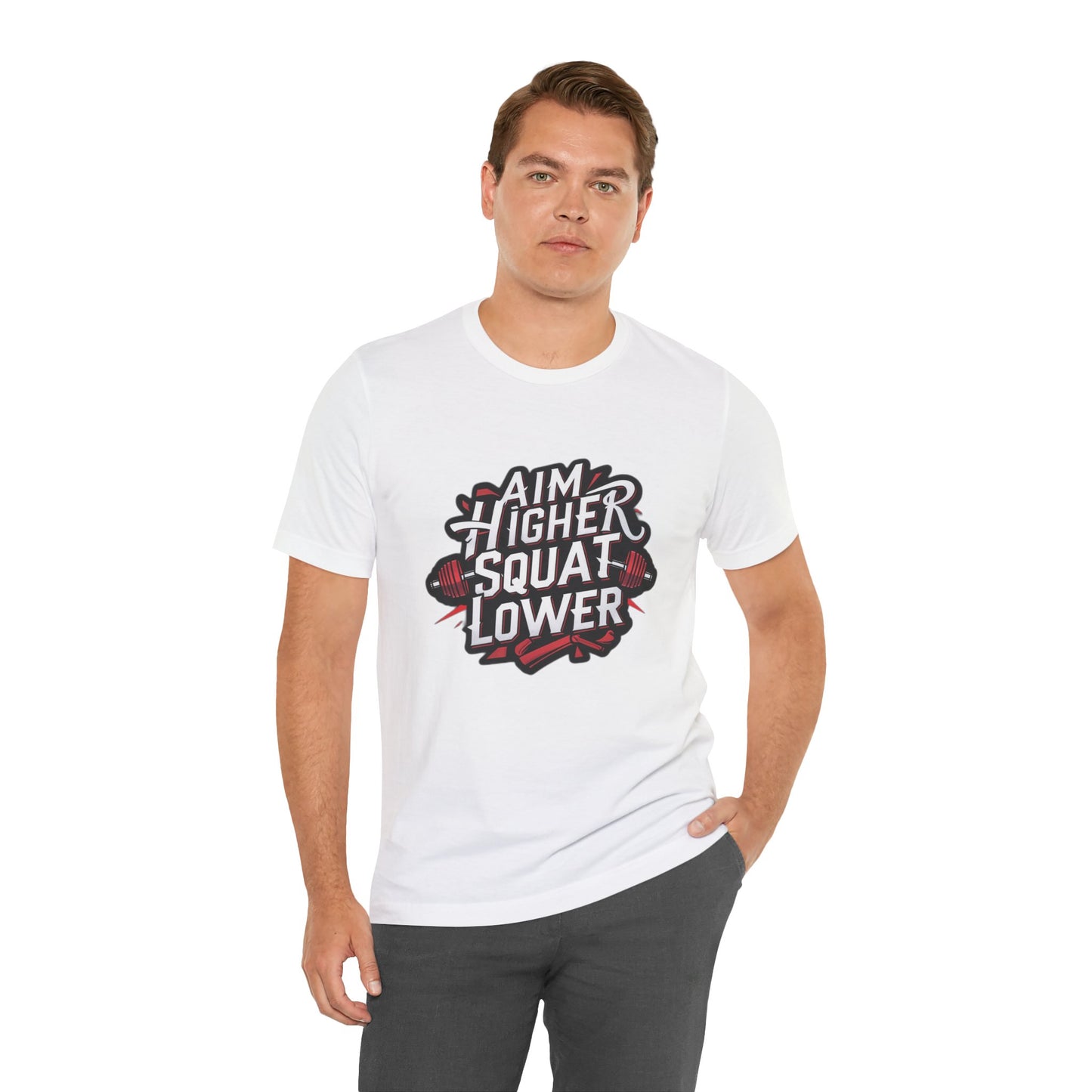 Gym T-shirt: Aim Higher Squat Lower Unisex Jersey Short Sleeve Tee