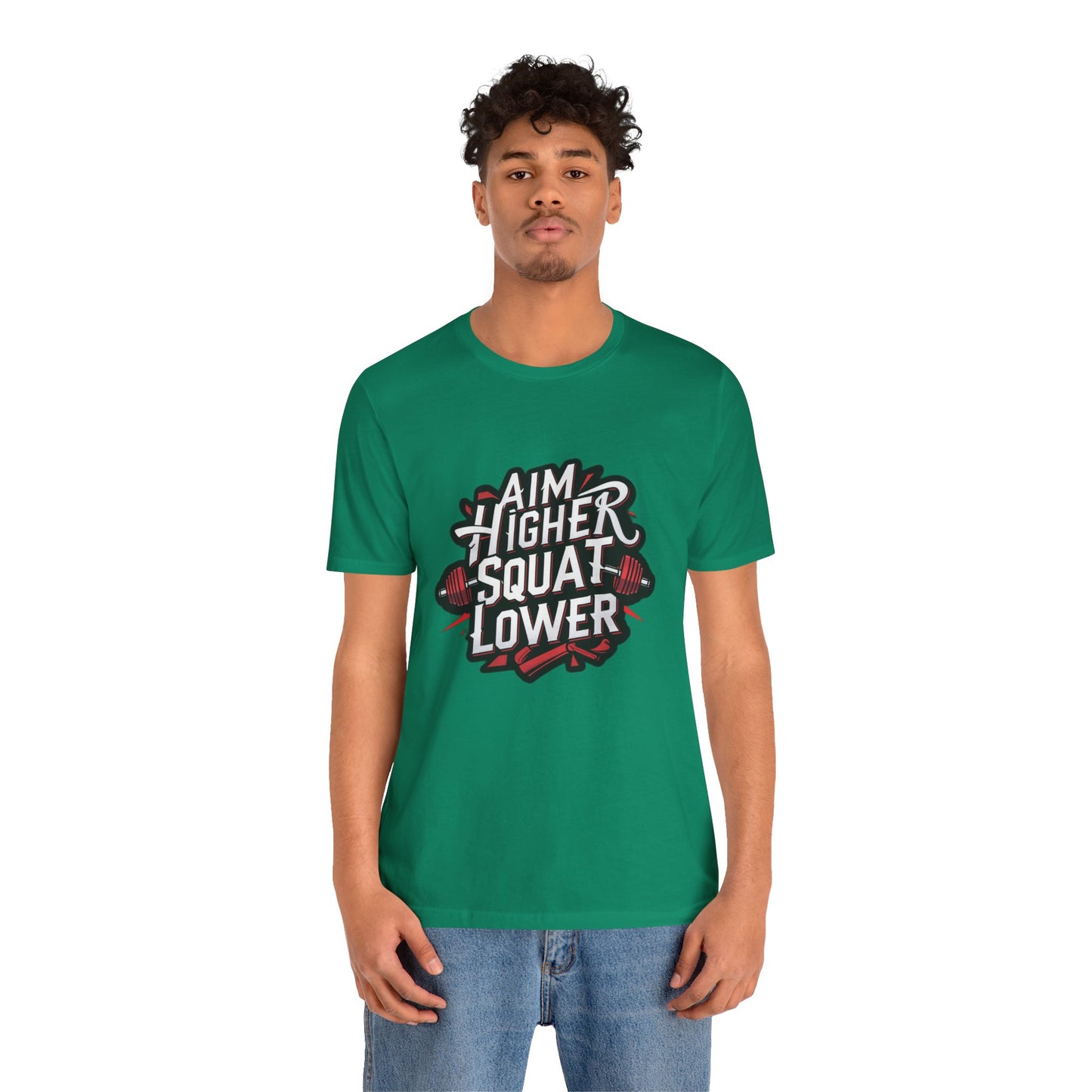 Gym T-shirt: Aim Higher Squat Lower Unisex Jersey Short Sleeve Tee