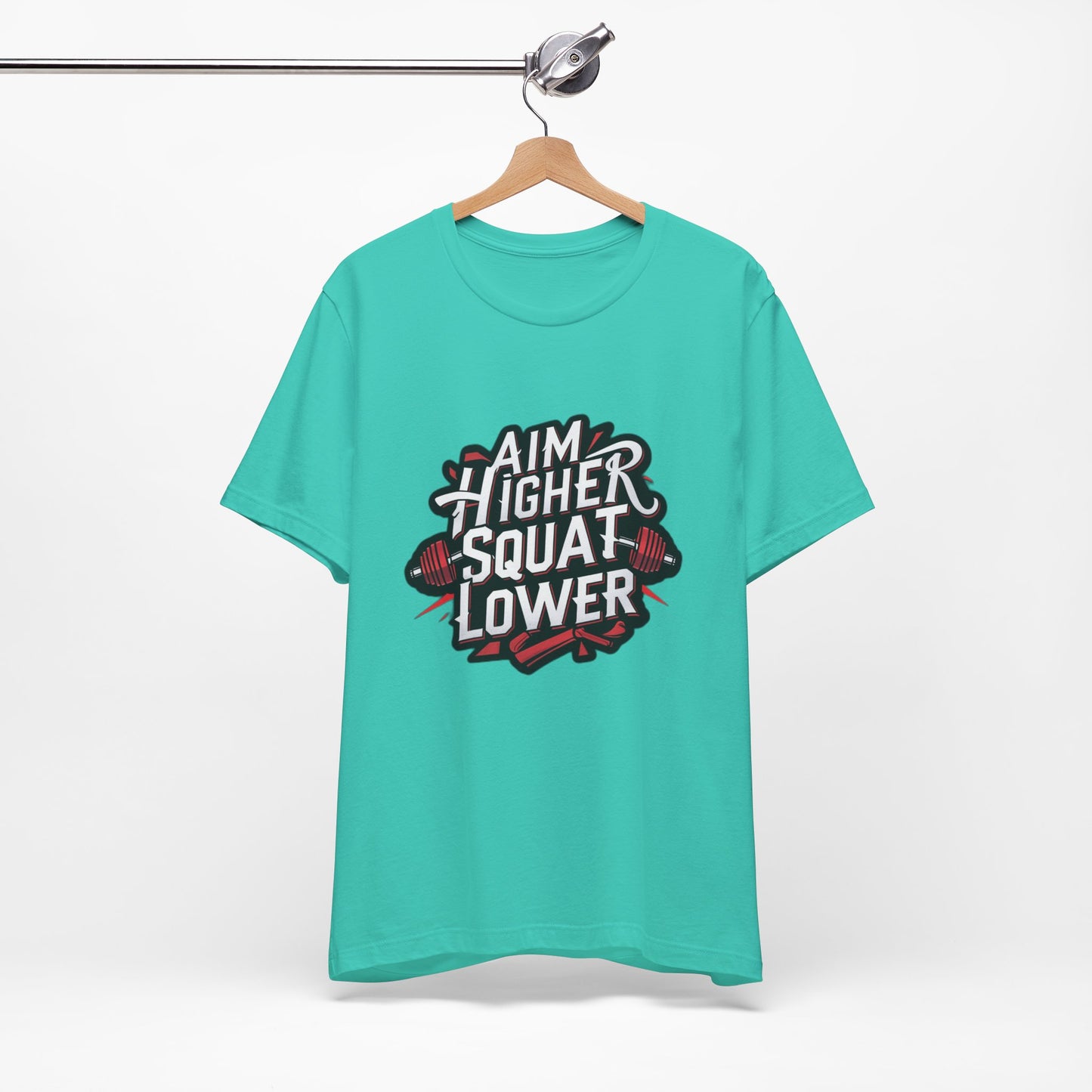 Gym T-shirt: Aim Higher Squat Lower Unisex Jersey Short Sleeve Tee