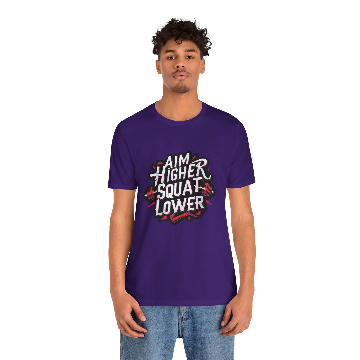 Gym T-shirt: Aim Higher Squat Lower Unisex Jersey Short Sleeve Tee