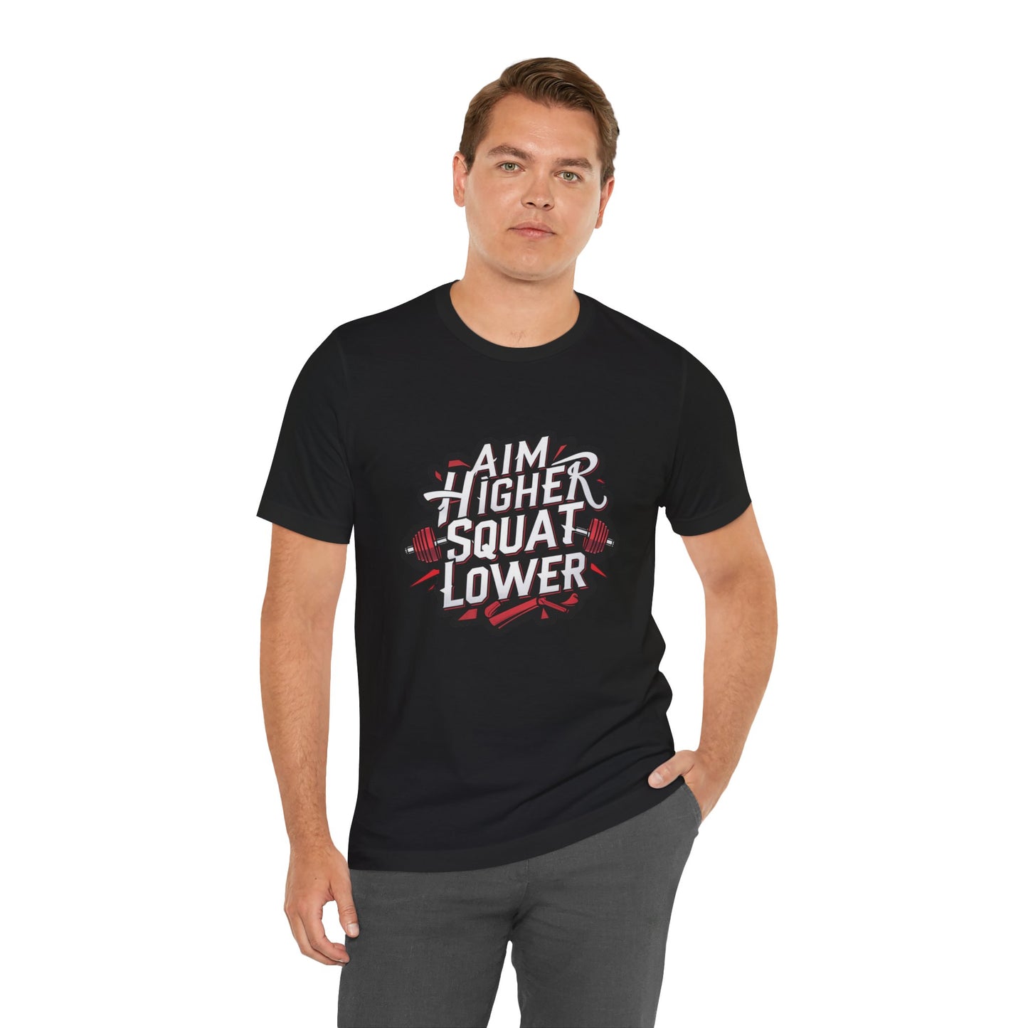 Gym T-shirt: Aim Higher Squat Lower Unisex Jersey Short Sleeve Tee
