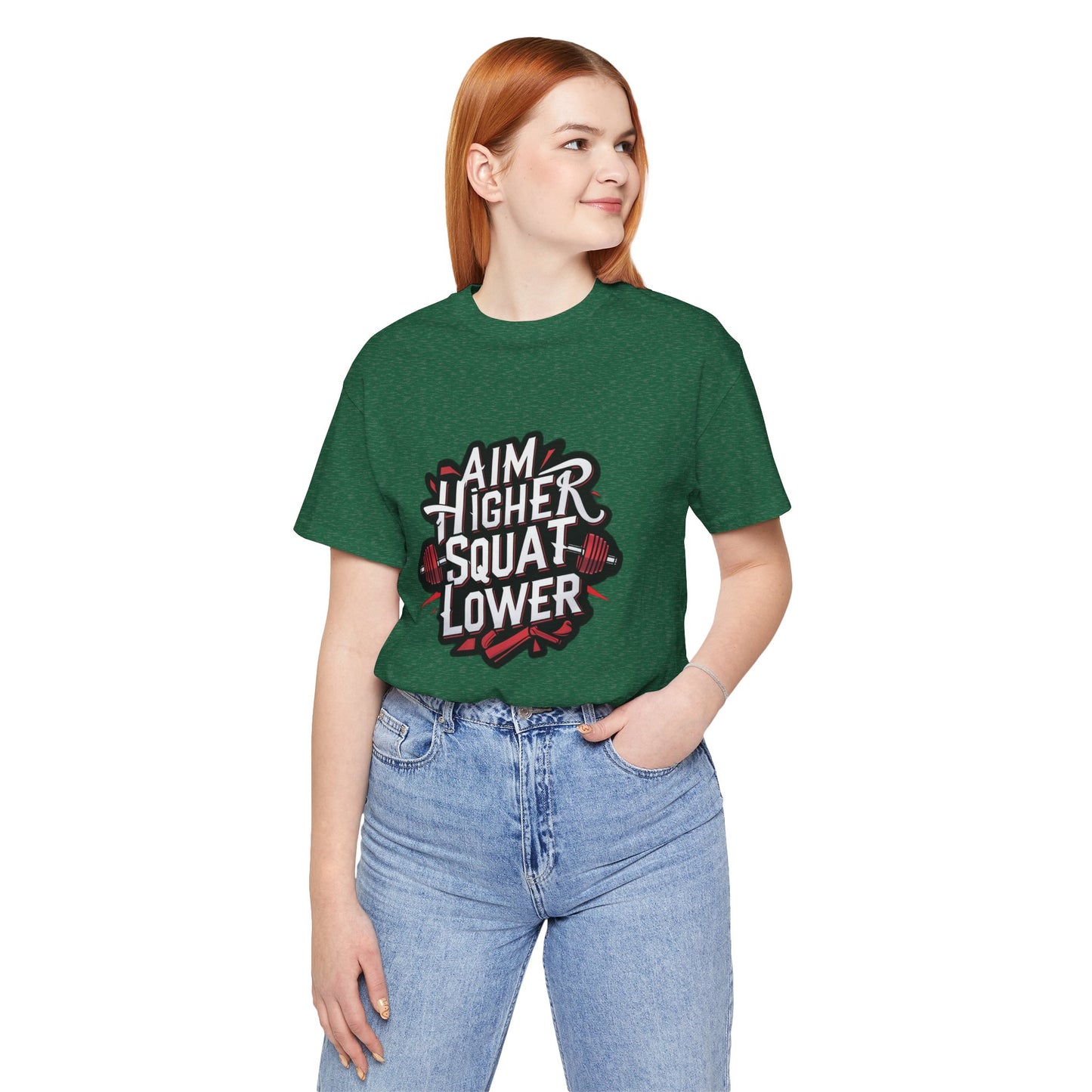 Gym T-shirt: Aim Higher Squat Lower Unisex Jersey Short Sleeve Tee