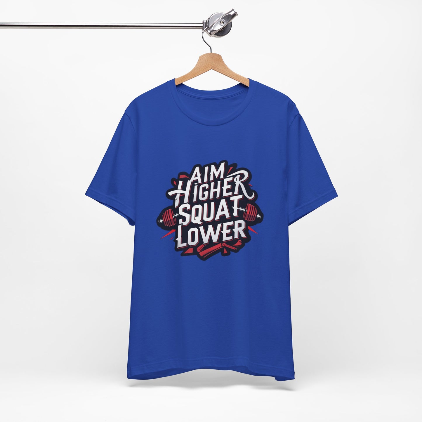 Gym T-shirt: Aim Higher Squat Lower Unisex Jersey Short Sleeve Tee