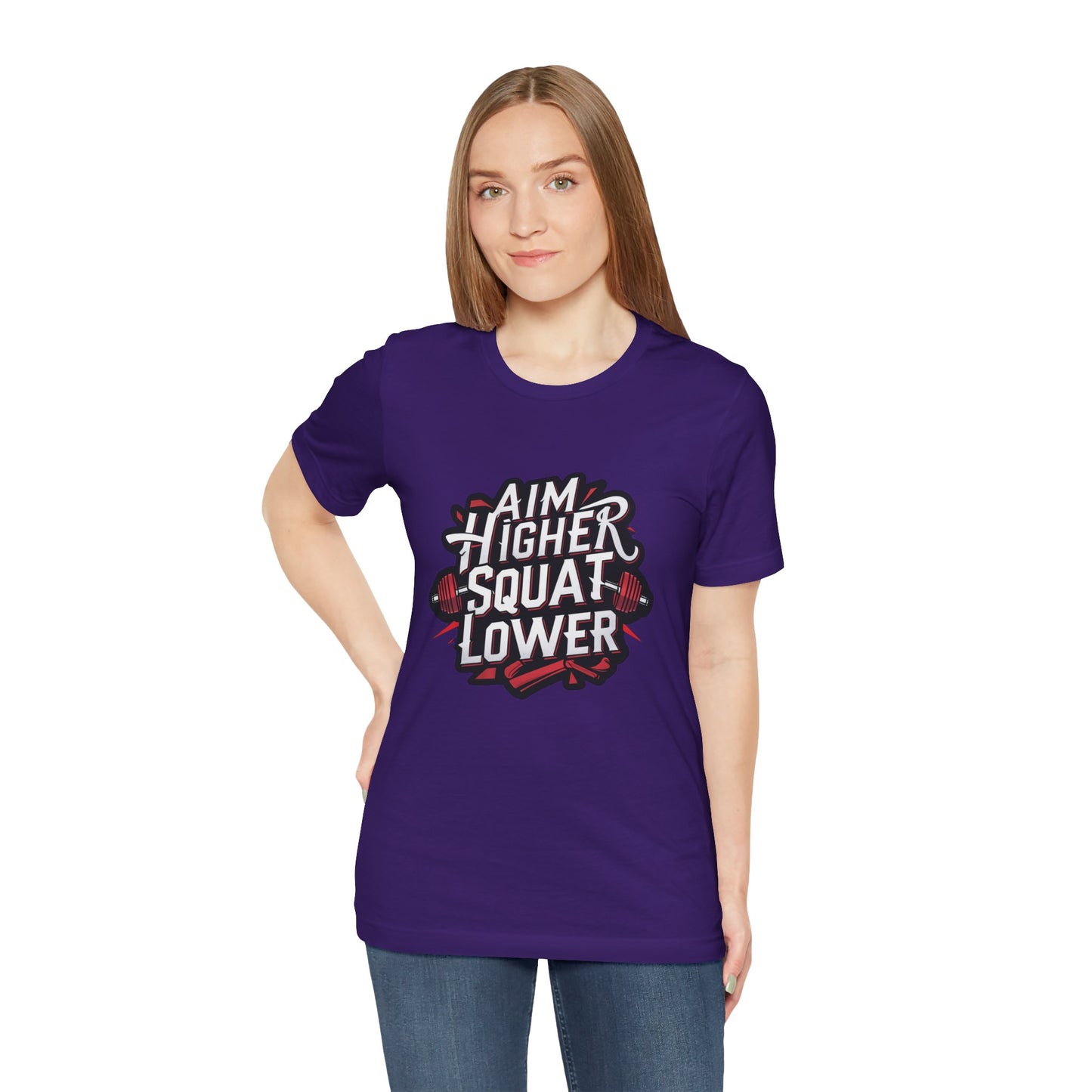 Gym T-shirt: Aim Higher Squat Lower Unisex Jersey Short Sleeve Tee