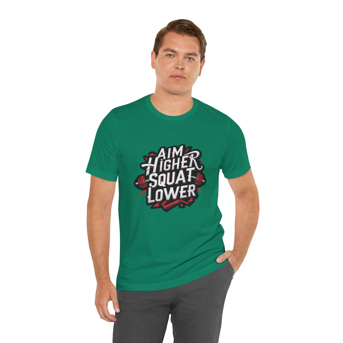 Gym T-shirt: Aim Higher Squat Lower Unisex Jersey Short Sleeve Tee