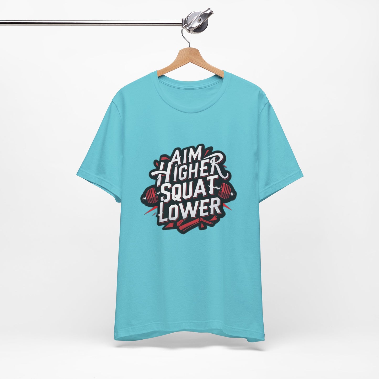 Gym T-shirt: Aim Higher Squat Lower Unisex Jersey Short Sleeve Tee