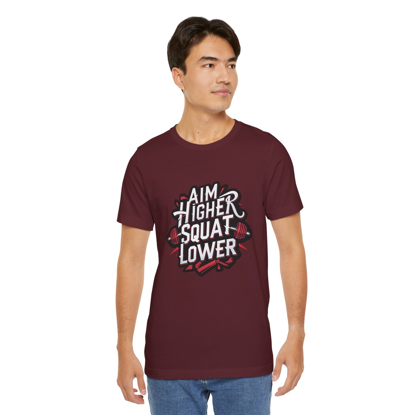 Gym T-shirt: Aim Higher Squat Lower Unisex Jersey Short Sleeve Tee