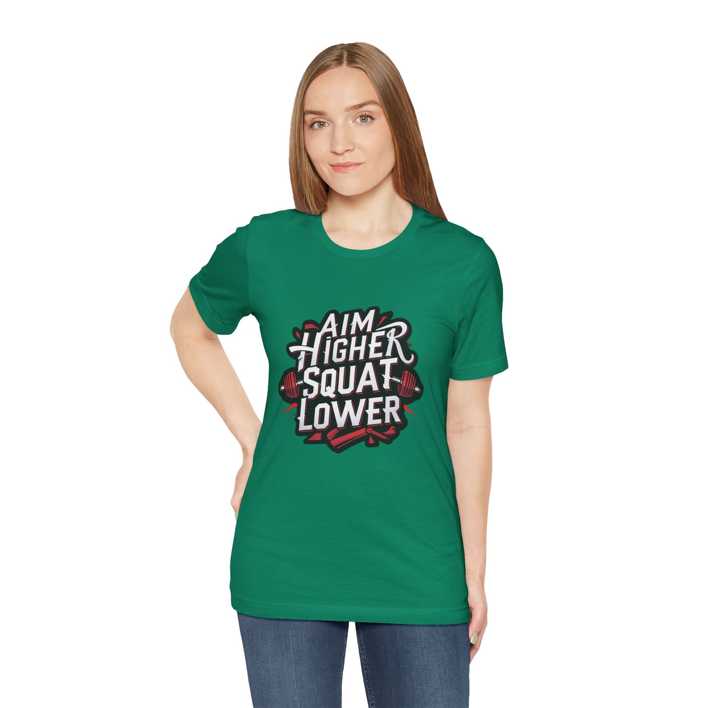 Gym T-shirt: Aim Higher Squat Lower Unisex Jersey Short Sleeve Tee