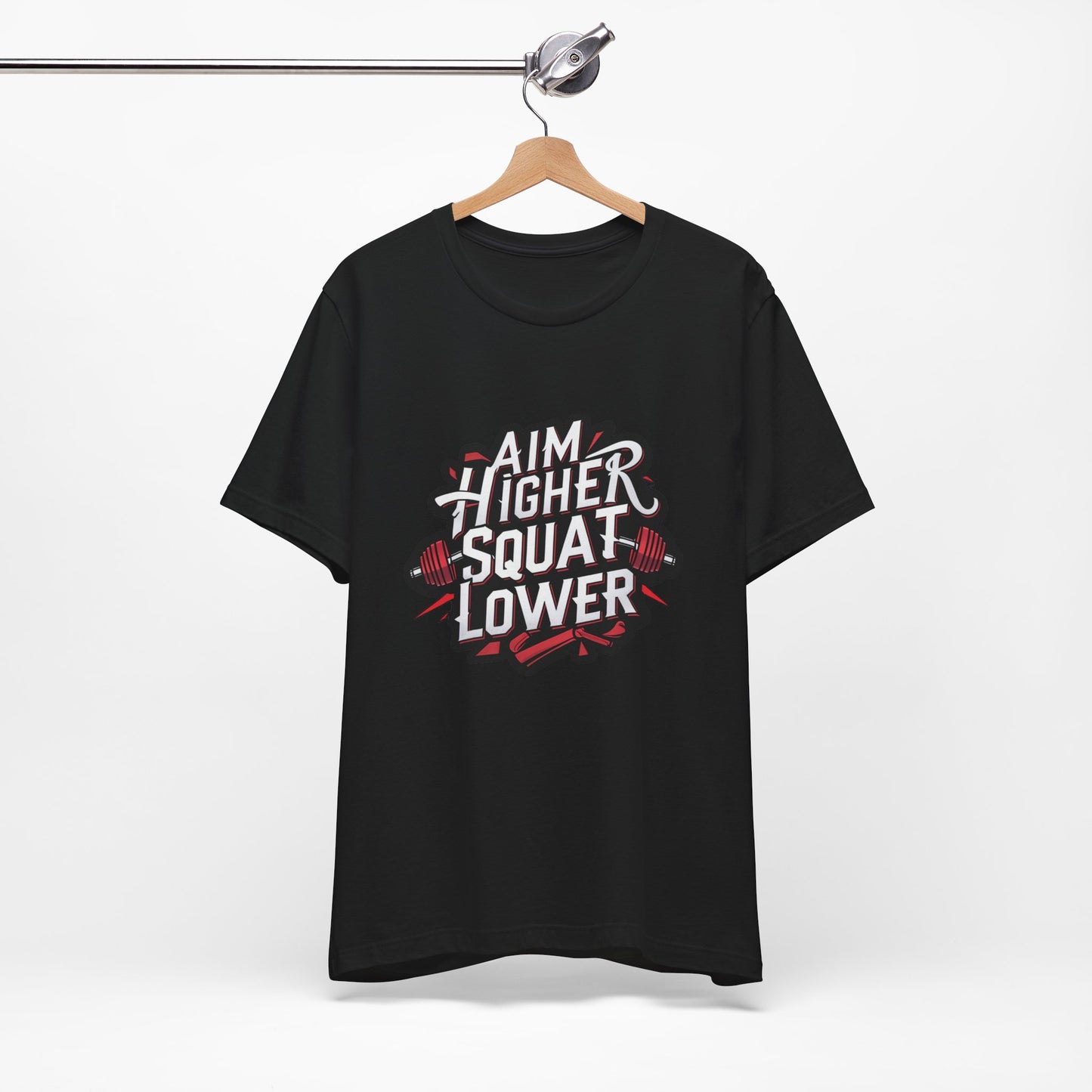 Gym T-shirt: Aim Higher Squat Lower Unisex Jersey Short Sleeve Tee