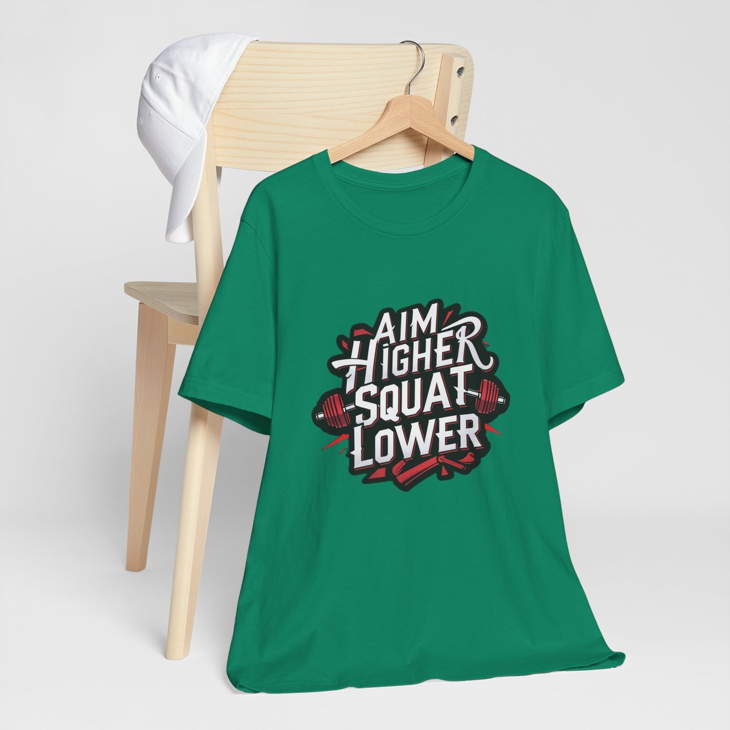 Gym T-shirt: Aim Higher Squat Lower Unisex Jersey Short Sleeve Tee