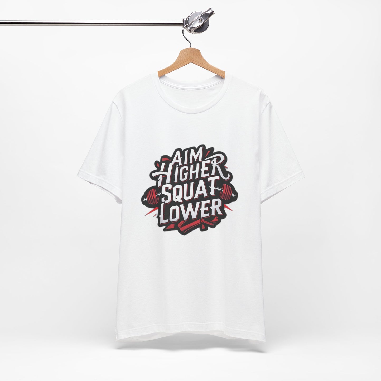 Gym T-shirt: Aim Higher Squat Lower Unisex Jersey Short Sleeve Tee
