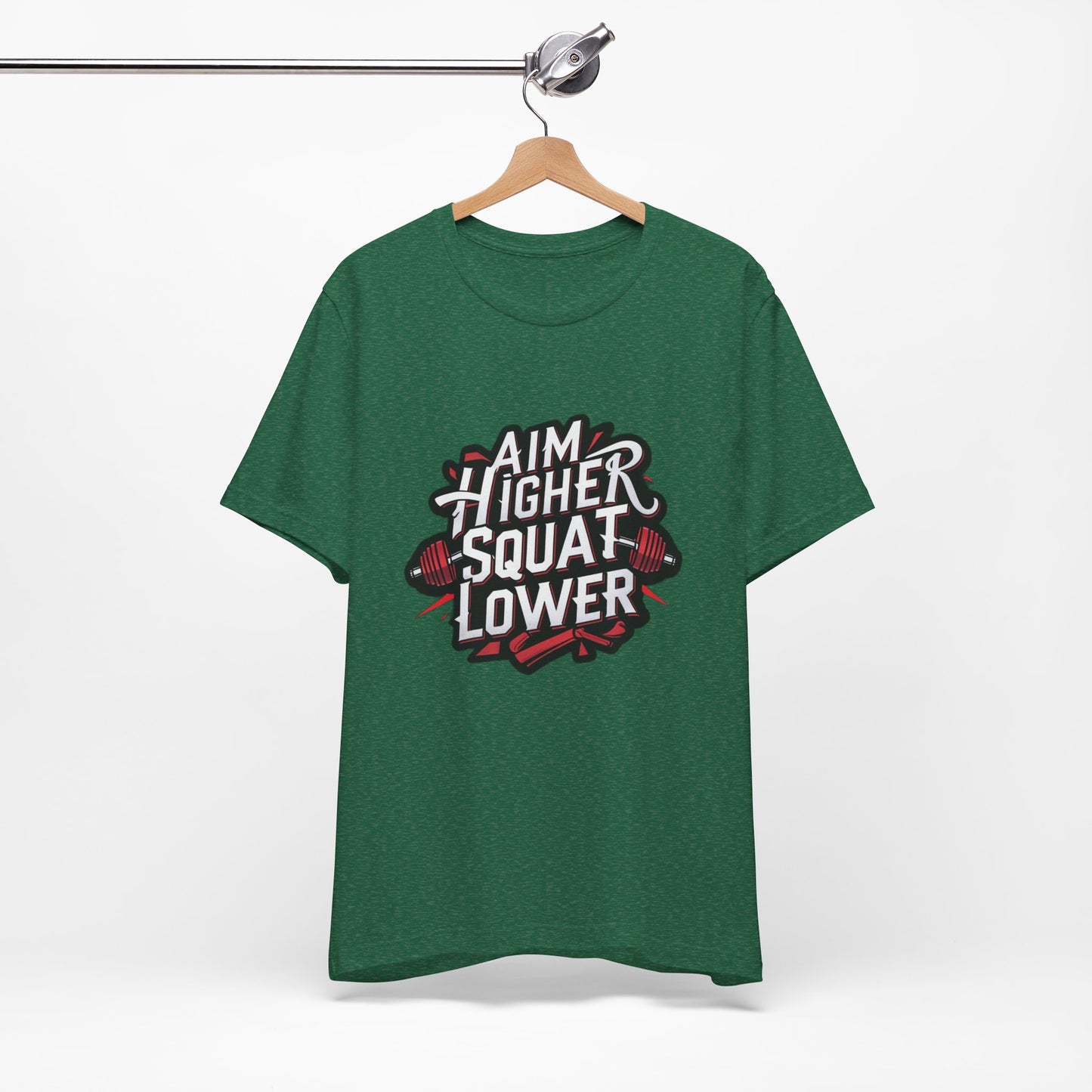 Gym T-shirt: Aim Higher Squat Lower Unisex Jersey Short Sleeve Tee