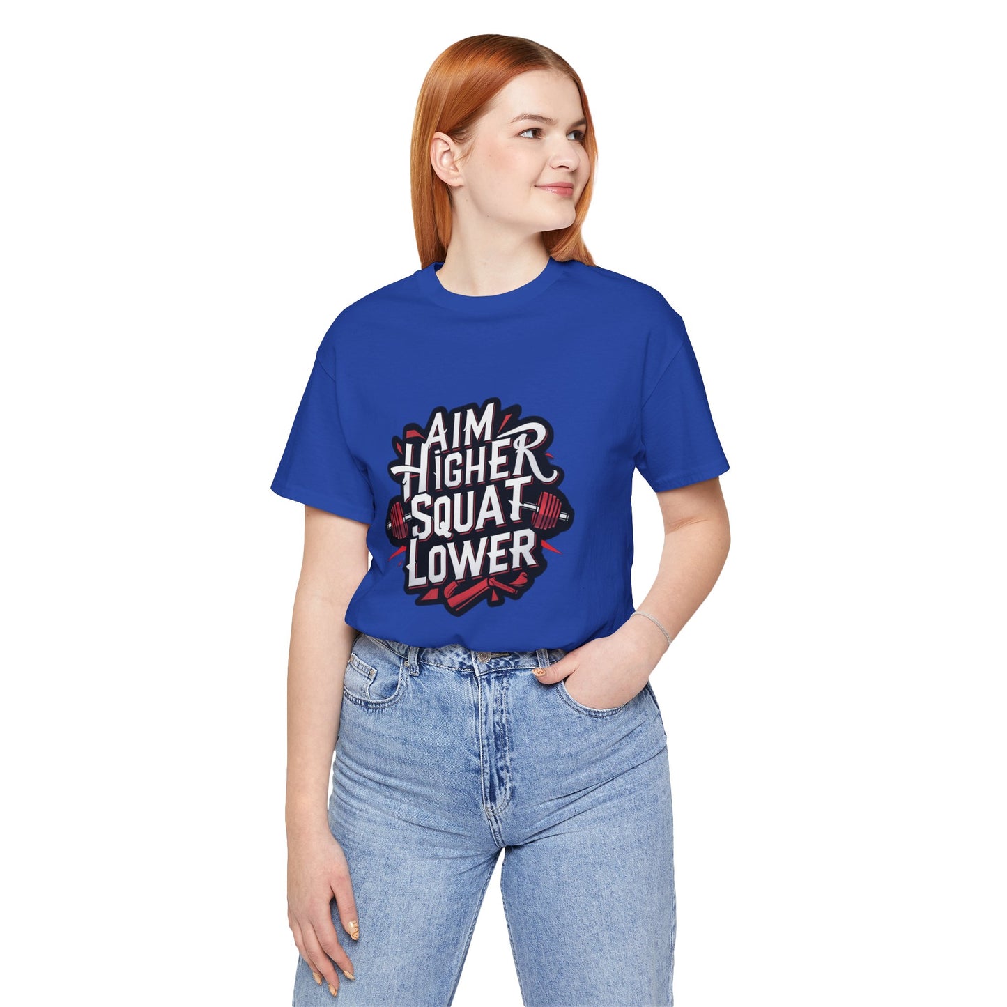 Gym T-shirt: Aim Higher Squat Lower Unisex Jersey Short Sleeve Tee