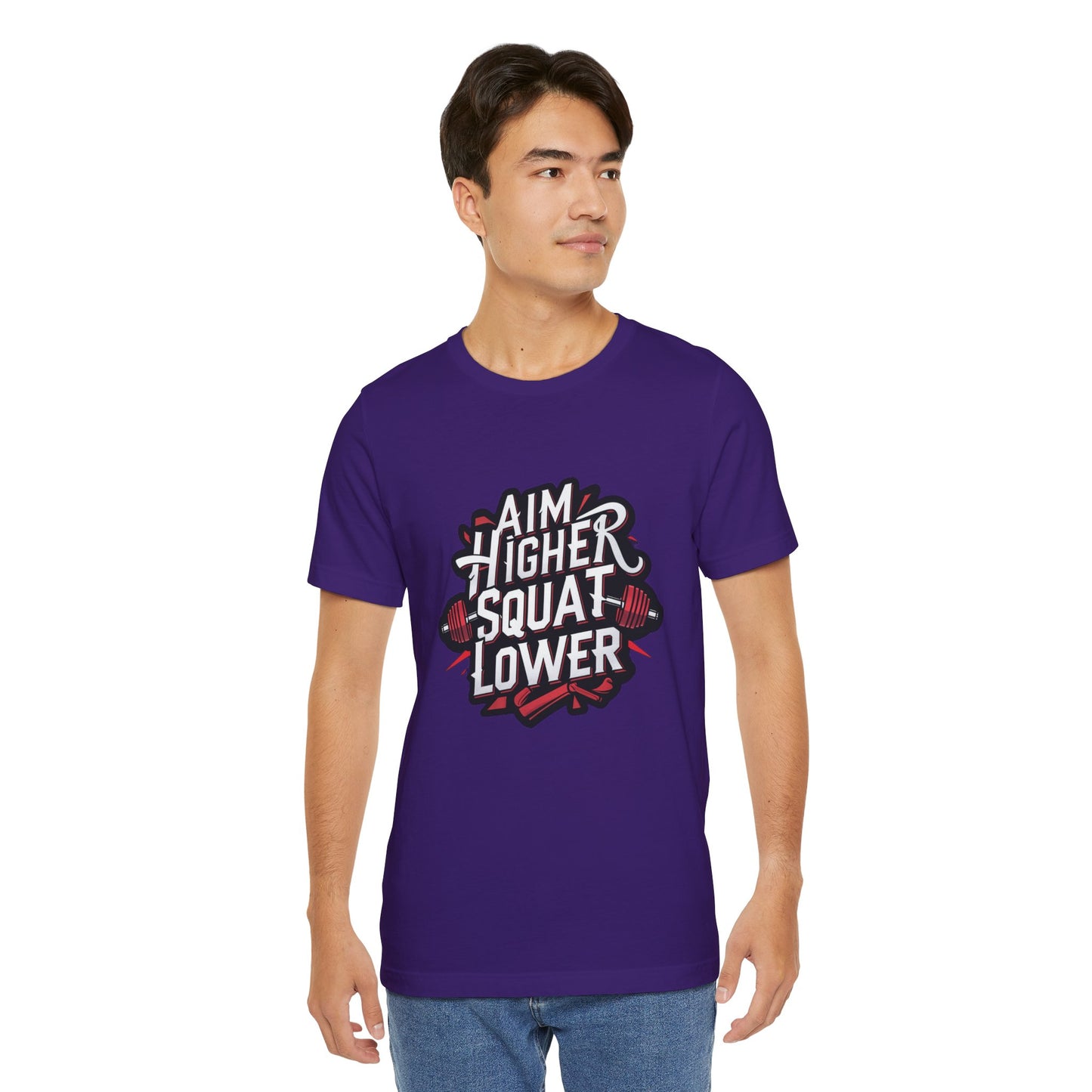 Gym T-shirt: Aim Higher Squat Lower Unisex Jersey Short Sleeve Tee