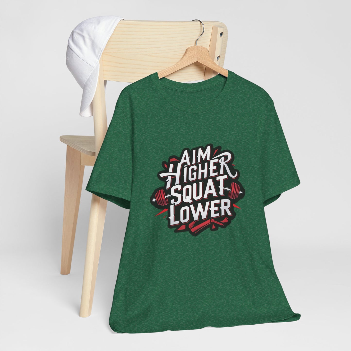 Gym T-shirt: Aim Higher Squat Lower Unisex Jersey Short Sleeve Tee