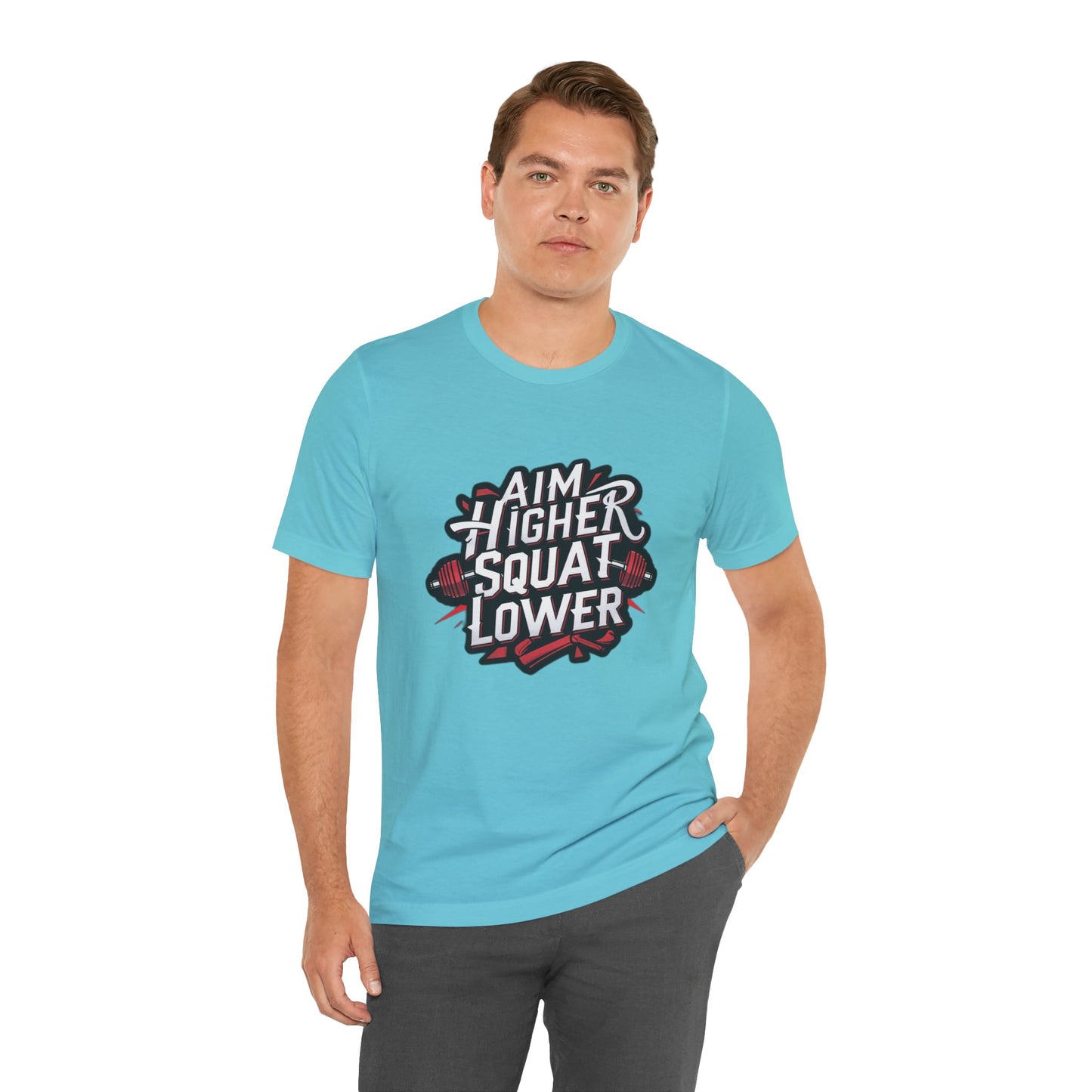 Gym T-shirt: Aim Higher Squat Lower Unisex Jersey Short Sleeve Tee