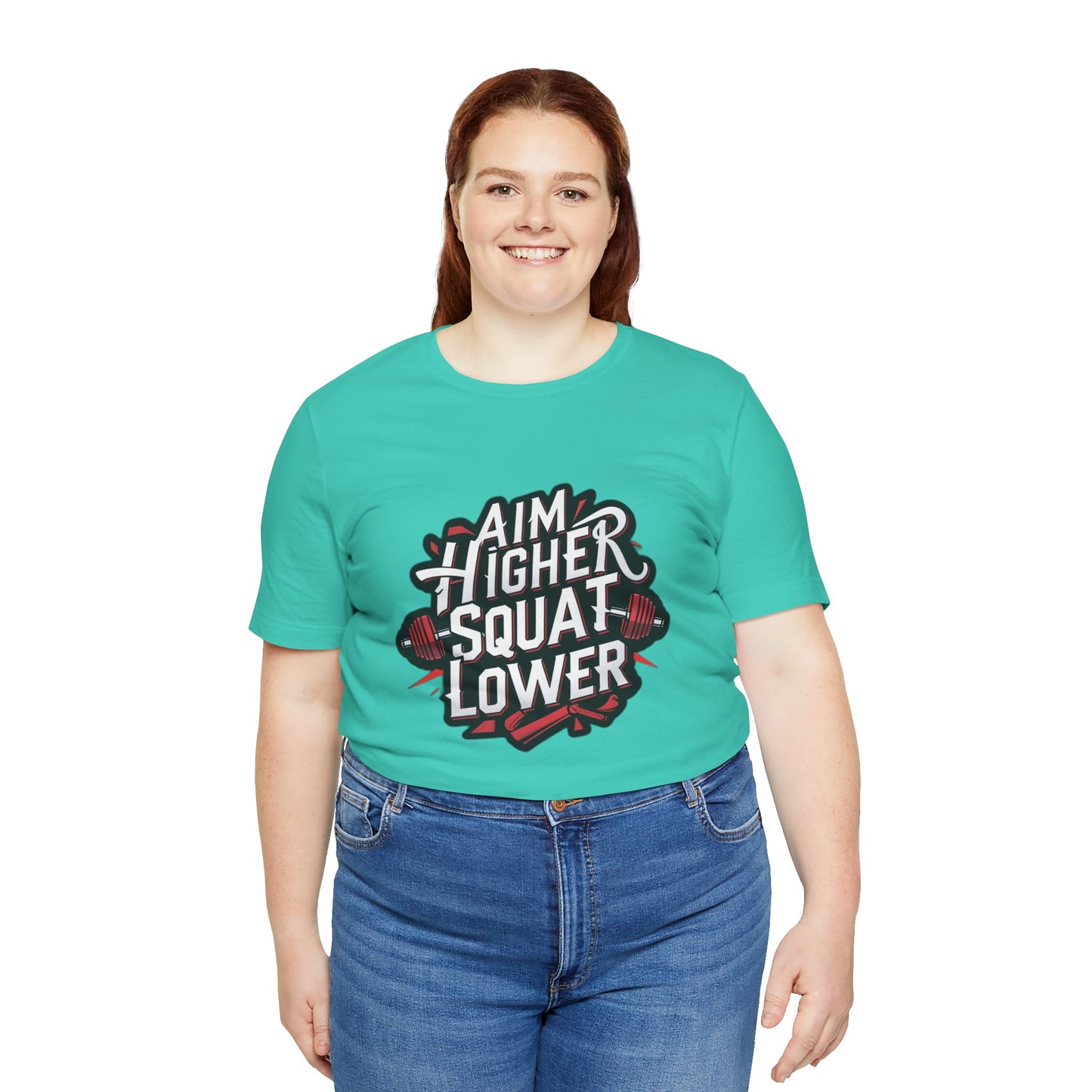 Gym T-shirt: Aim Higher Squat Lower Unisex Jersey Short Sleeve Tee