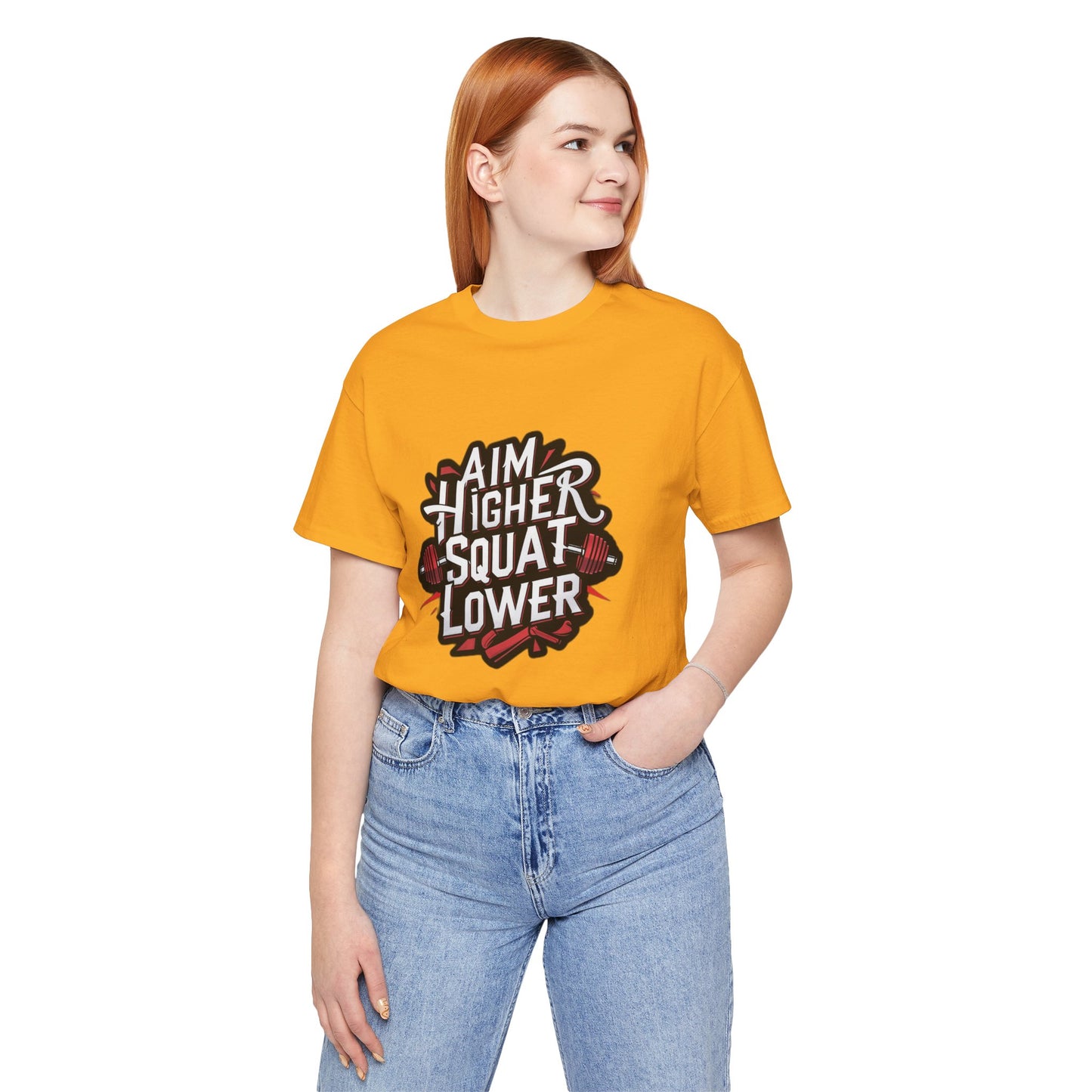 Gym T-shirt: Aim Higher Squat Lower Unisex Jersey Short Sleeve Tee